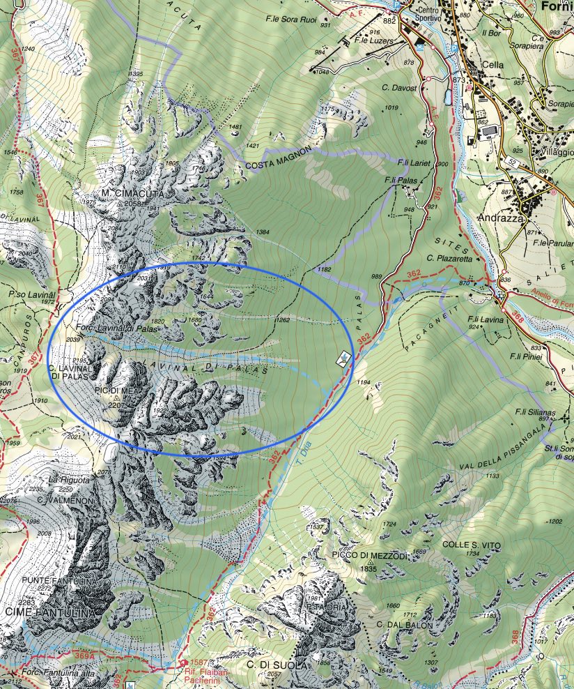 mappa scialpinistica lavinal di Palas
